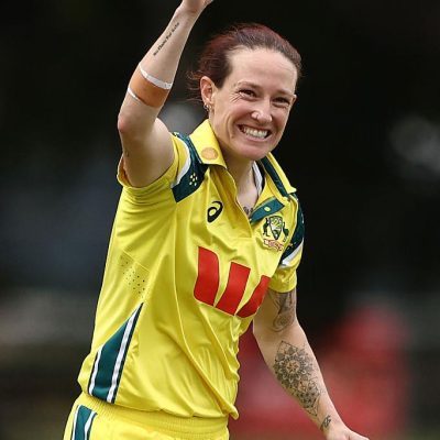 BRISBANE, AUSTRALIA - OCTOBER 14: Megan Schutt of Australia celebrates dismissing Sobhana Mostary of Bangladesh  during game three in the Women's One Day International series between Australia and Bangladesh at Allan Border Field on October 14, 2026 in Brisbane, Australia. (Photo by Chris Hyde/Getty Images)