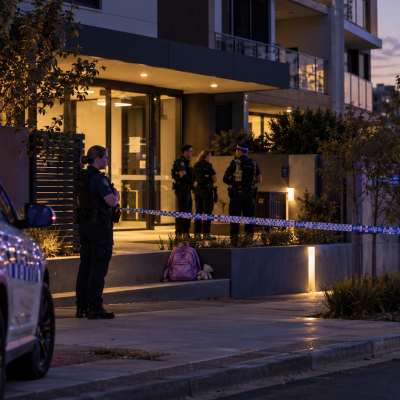 Twilight Police Scene at Apartment Entrance